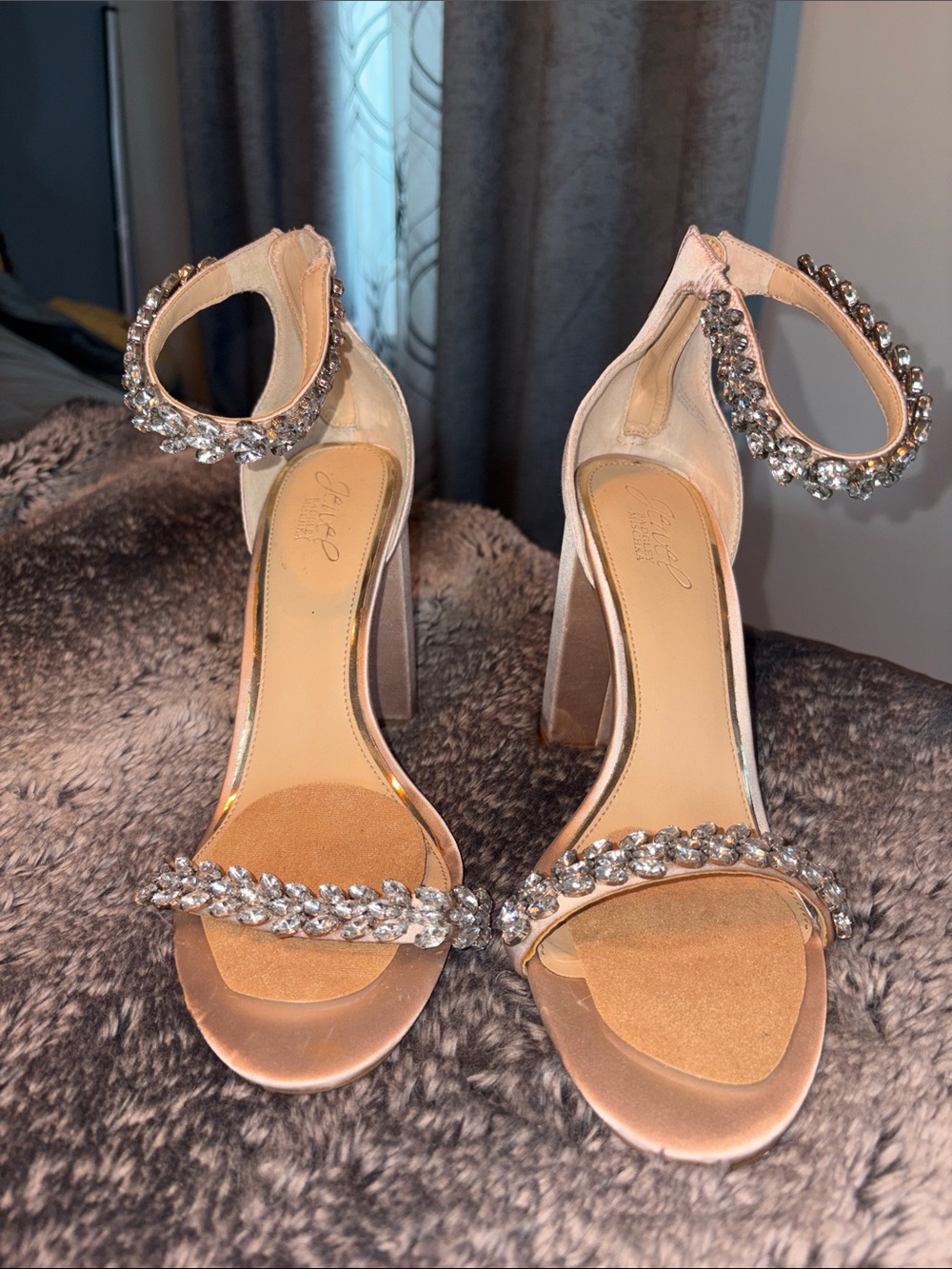 Jewel Badgley Mischka Blush Crystal-Strap Satin Heels